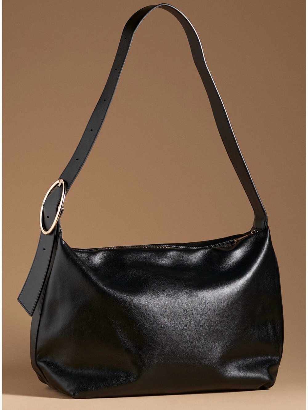 Black Leather Shoulder Bag with Adjustable Strap